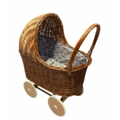Poppen, Accessoires - Rieten Poppenwagen Met Kap, Bloemenprint